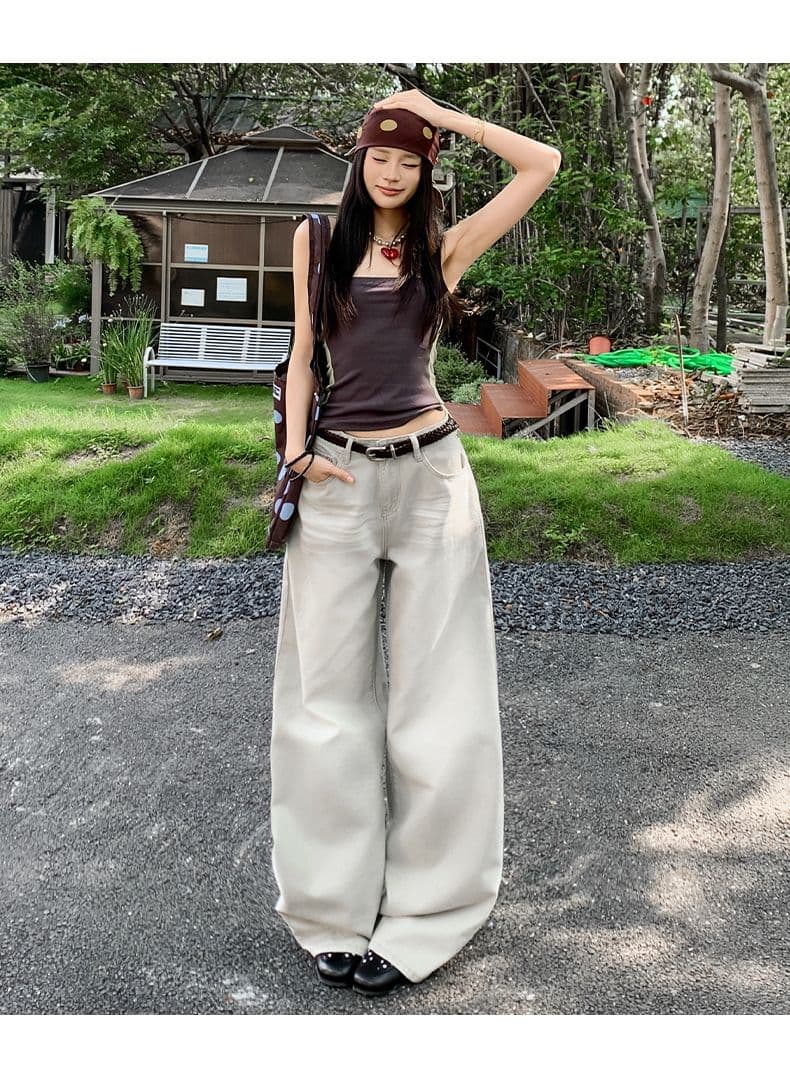 실사 아메리칸 레트로 워시 물 마 오래된 공예 라이 경기 서울 원단 루즈핏 스트레이트 청바지 여성 상세 이미지 10