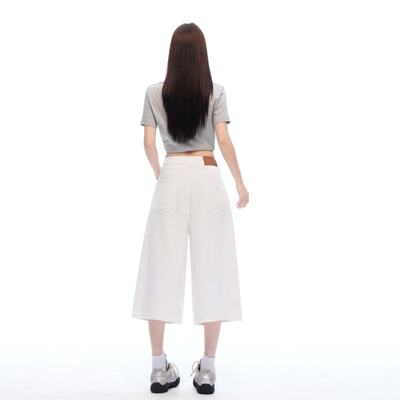 실사 화이트 아메리칸 레트로 하이웨이스트 루즈핏 와이드 레그 팬츠 봄 여름 슬림해 보이는 7 점 청바지 여성 이미지 4
