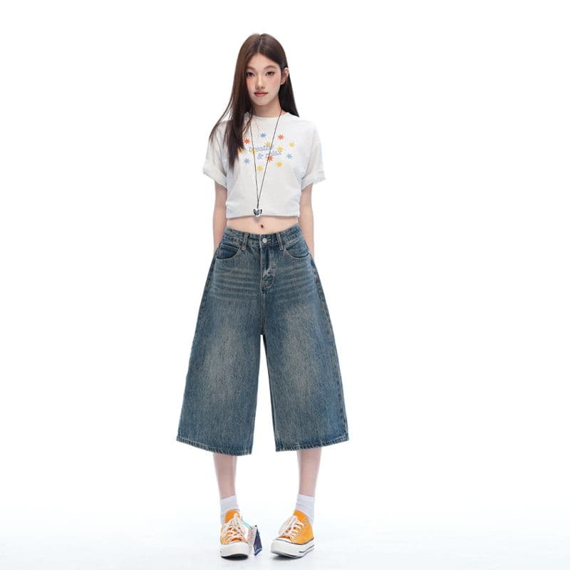 실사 화이트 아메리칸 레트로 하이웨이스트 루즈핏 와이드 레그 팬츠 봄 여름 슬림해 보이는 7 점 청바지 여성 이미지 2