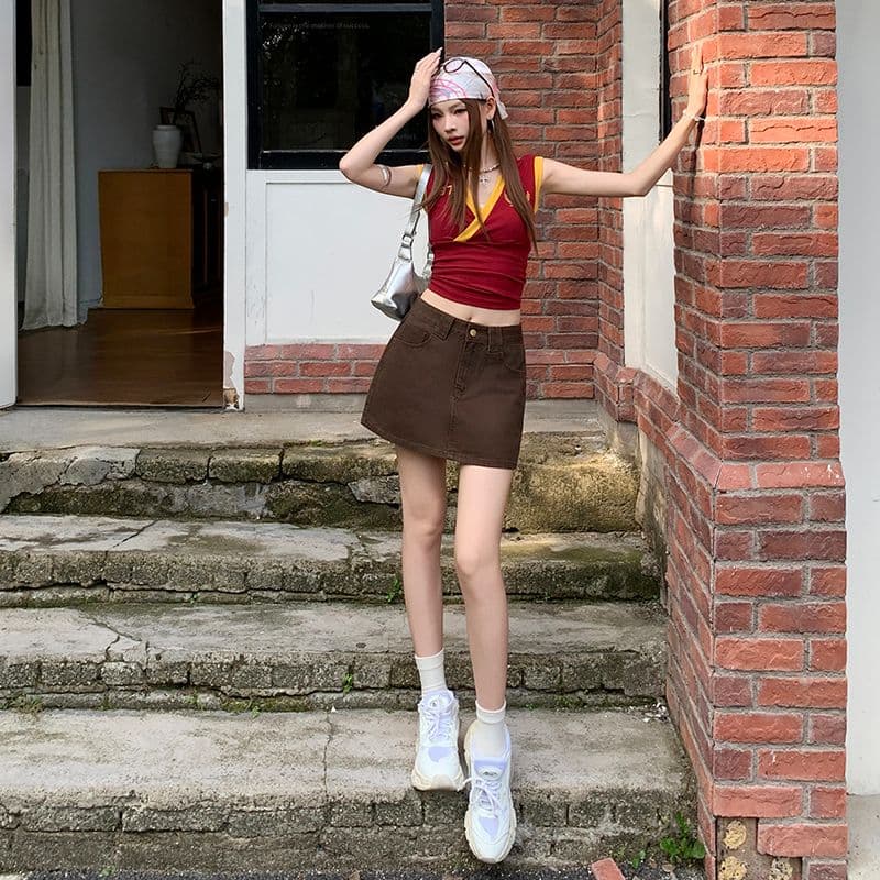 실사 커피 색상 데님 미니 스커트 봄 여름 새로운 A라인 스커트 슬림해 보이는 타이트 스커트 학원 바람이 아닙니다. 빛 안감 이미지 4