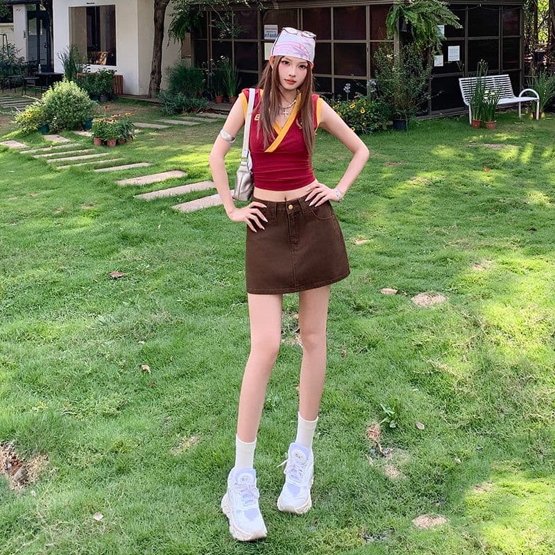 실사 커피 색상 데님 미니 스커트 봄 여름 새로운 A라인 스커트 슬림해 보이는 타이트 스커트 학원 바람이 아닙니다. 빛 안감 이미지 3