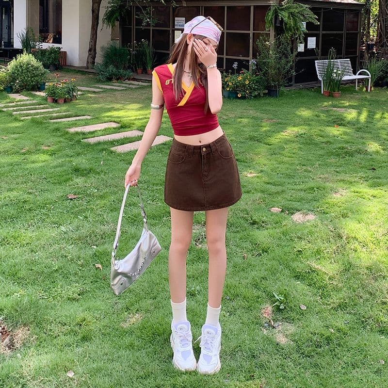 실사 커피 색상 데님 미니 스커트 봄 여름 새로운 A라인 스커트 슬림해 보이는 타이트 스커트 학원 바람이 아닙니다. 빛 안감 이미지 2