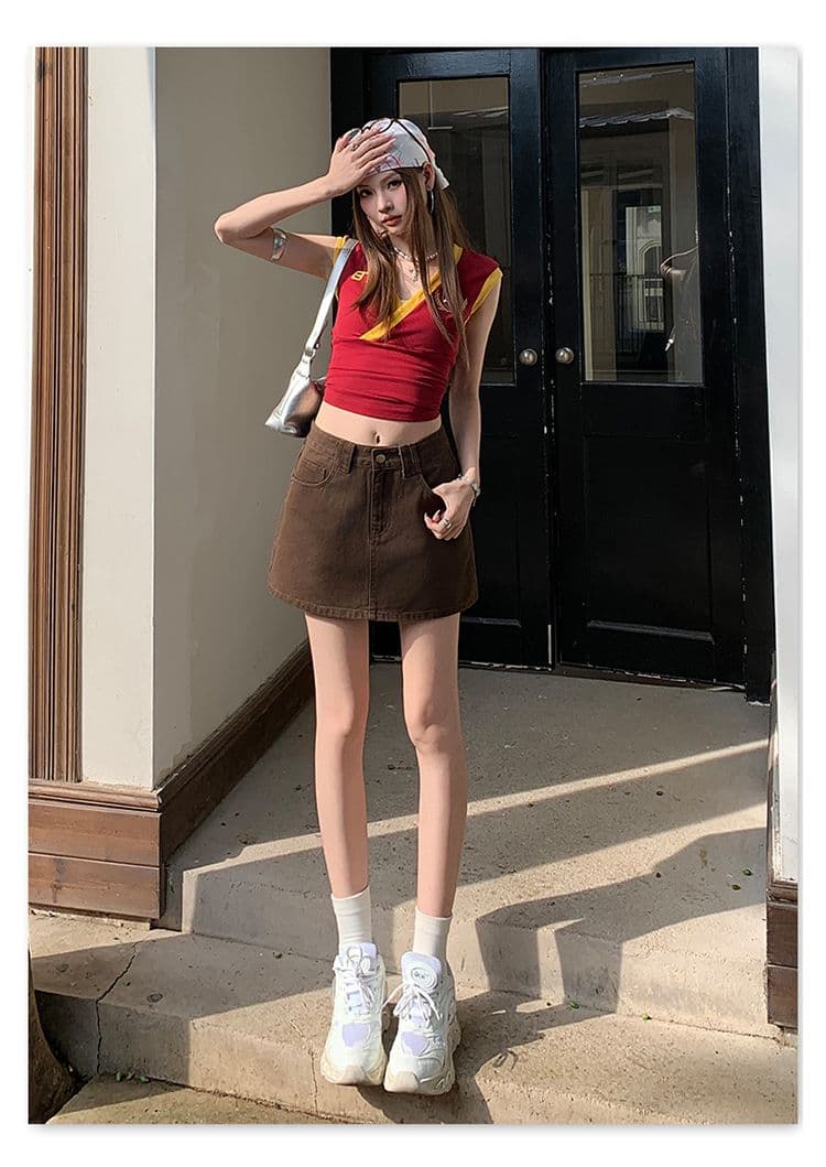 실사 커피 색상 데님 미니 스커트 봄 여름 새로운 A라인 스커트 슬림해 보이는 타이트 스커트 학원 바람이 아닙니다. 빛 안감 상세 이미지 11