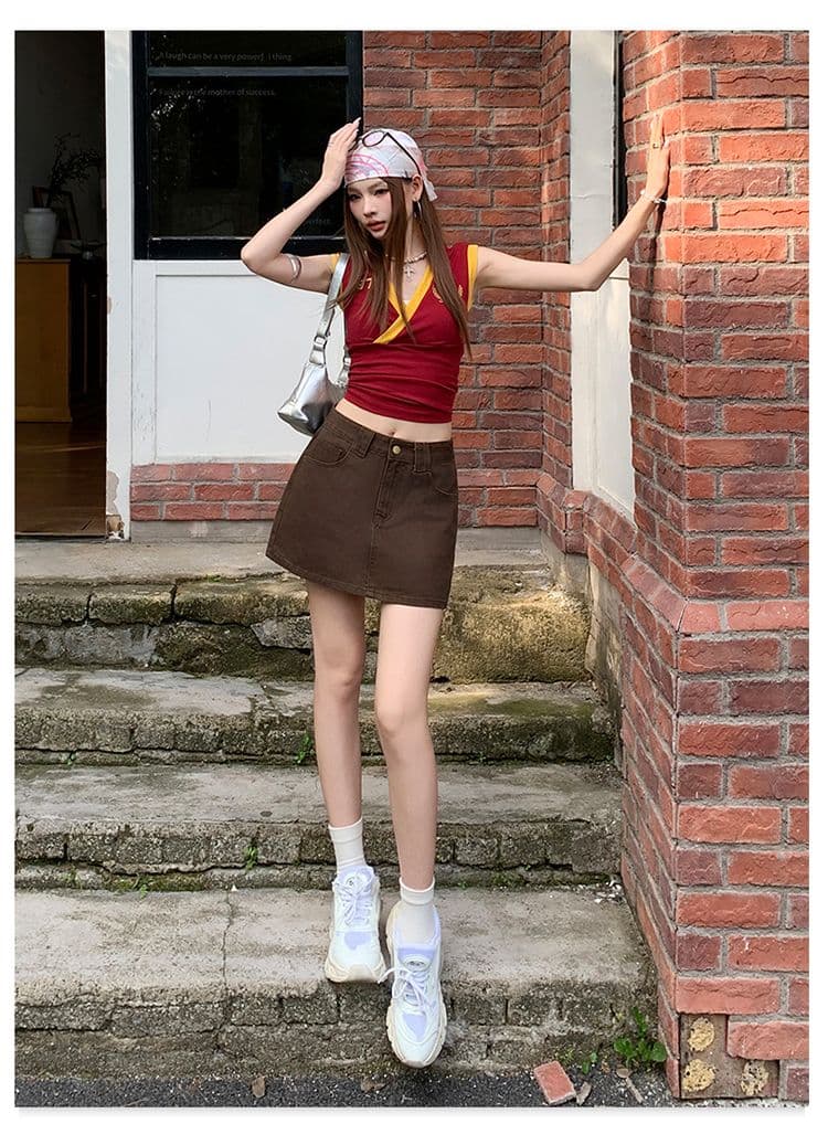실사 커피 색상 데님 미니 스커트 봄 여름 새로운 A라인 스커트 슬림해 보이는 타이트 스커트 학원 바람이 아닙니다. 빛 안감 상세 이미지 14