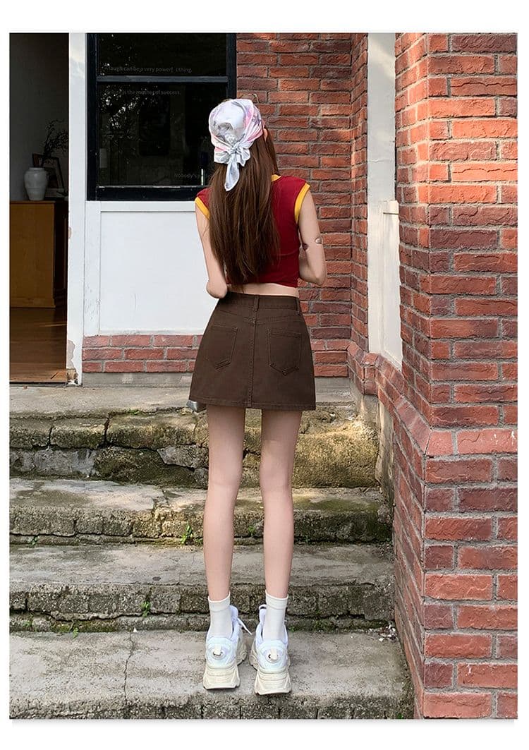 실사 커피 색상 데님 미니 스커트 봄 여름 새로운 A라인 스커트 슬림해 보이는 타이트 스커트 학원 바람이 아닙니다. 빛 안감 상세 이미지 15