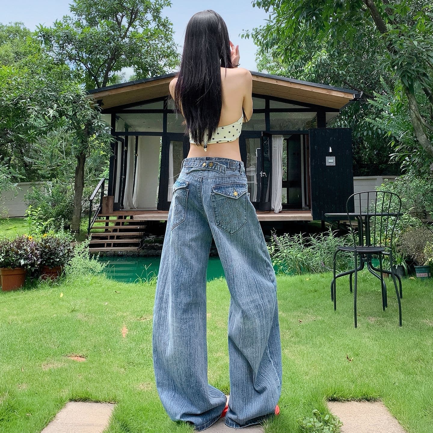 실사 아메리칸 레트로 파리 버클 디자인 대나무 마디 데님 루즈핏 넓은 다리 청바지 여성 이미지 3