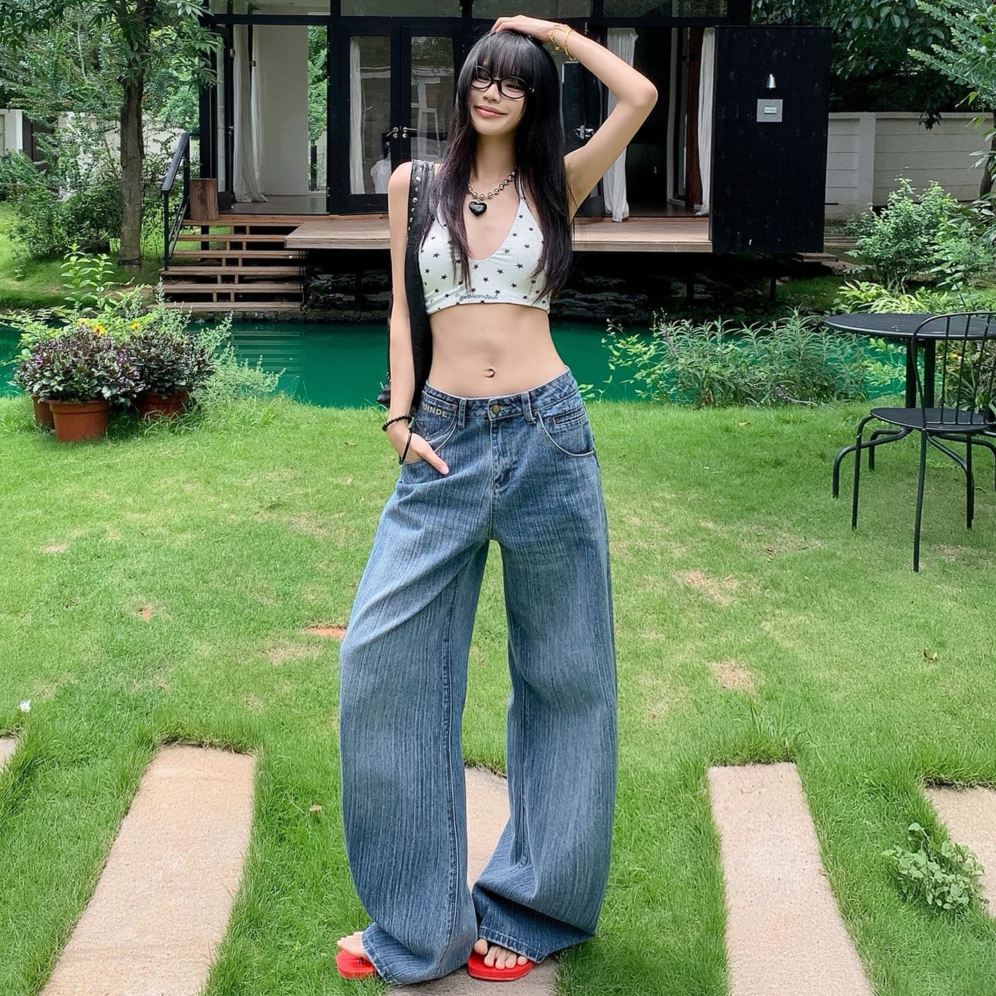 실사 아메리칸 레트로 파리 버클 디자인 대나무 마디 데님 루즈핏 넓은 다리 청바지 여성 이미지 4