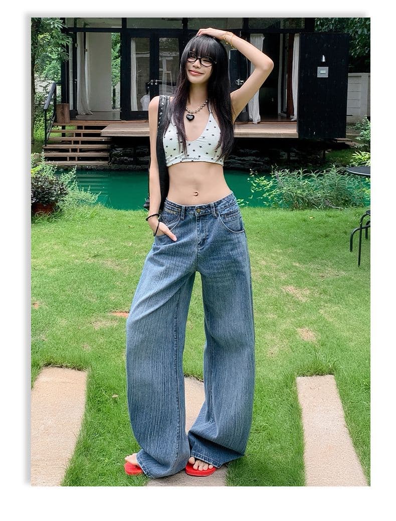 실사 아메리칸 레트로 파리 버클 디자인 대나무 마디 데님 루즈핏 넓은 다리 청바지 여성 상세 이미지 8