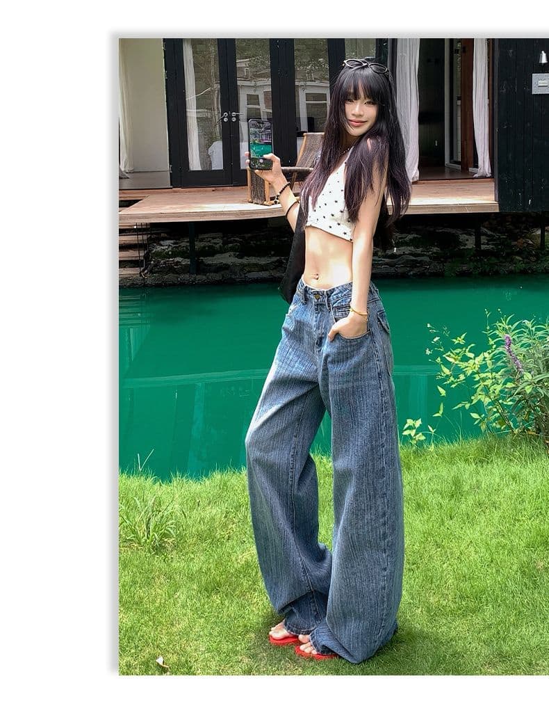 실사 아메리칸 레트로 파리 버클 디자인 대나무 마디 데님 루즈핏 넓은 다리 청바지 여성 상세 이미지 9