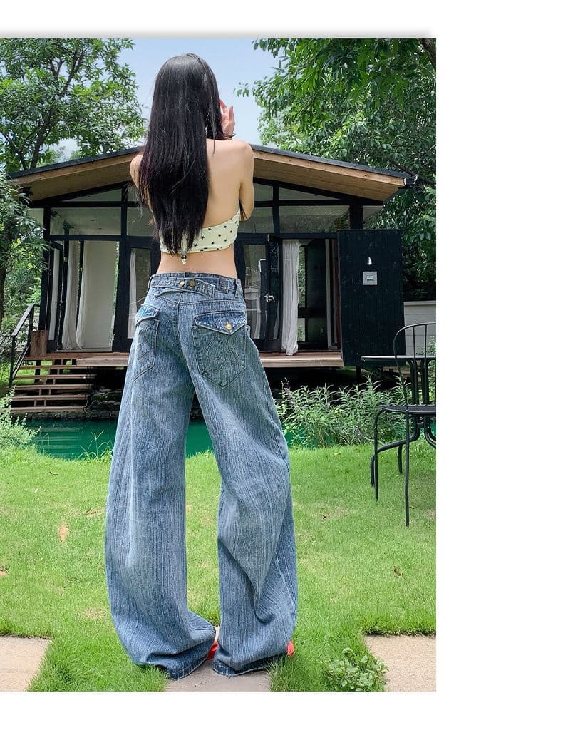 실사 아메리칸 레트로 파리 버클 디자인 대나무 마디 데님 루즈핏 넓은 다리 청바지 여성 상세 이미지 10