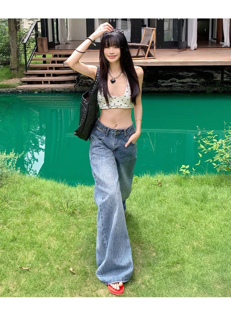 실사 아메리칸 레트로 파리 버클 디자인 대나무 마디 데님 루즈핏 넓은 다리 청바지 여성 상세 이미지 11