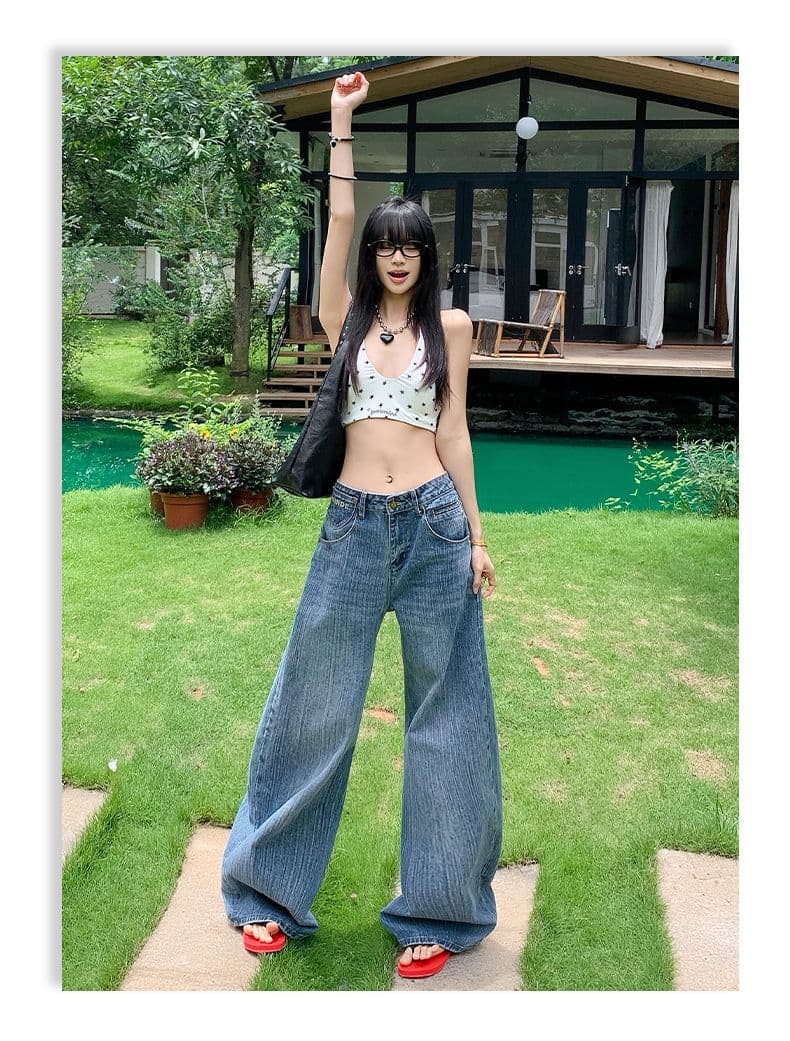 실사 아메리칸 레트로 파리 버클 디자인 대나무 마디 데님 루즈핏 넓은 다리 청바지 여성 상세 이미지 12