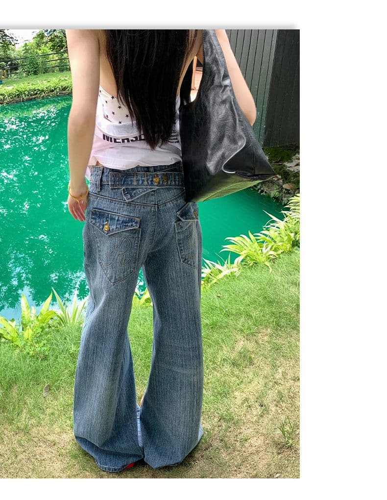 실사 아메리칸 레트로 파리 버클 디자인 대나무 마디 데님 루즈핏 넓은 다리 청바지 여성 상세 이미지 15