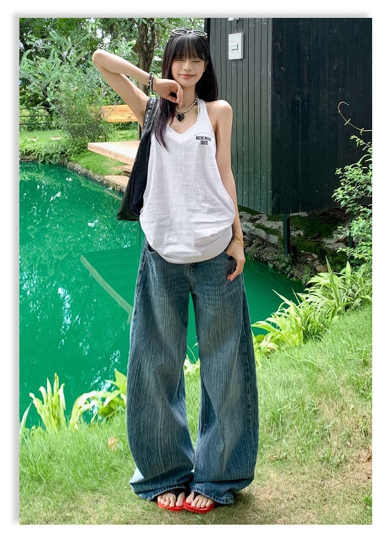 실사 아메리칸 레트로 파리 버클 디자인 대나무 마디 데님 루즈핏 넓은 다리 청바지 여성 상세 이미지 18
