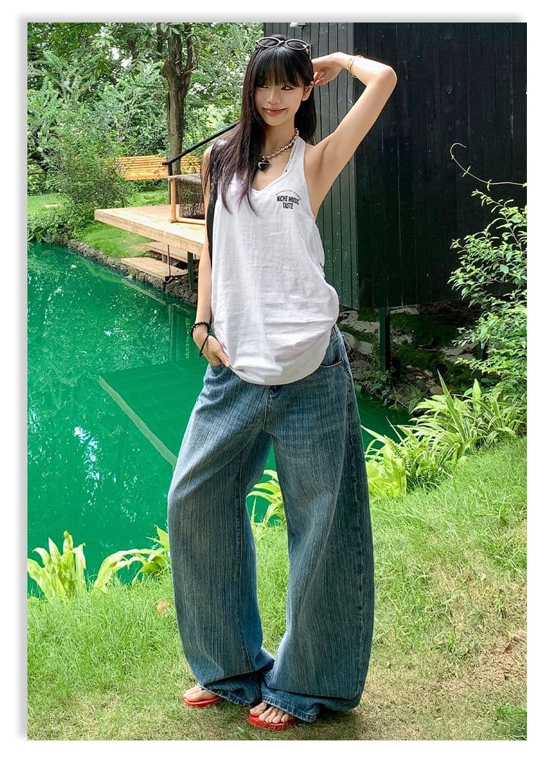 실사 아메리칸 레트로 파리 버클 디자인 대나무 마디 데님 루즈핏 넓은 다리 청바지 여성 상세 이미지 19