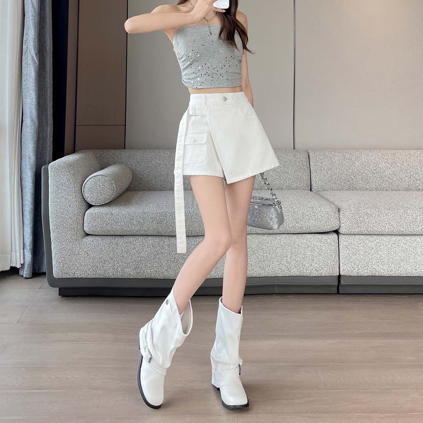 실사 화이트 데님 반신 치마바지 여성 인기 여름 새로운 페이크 레이어드 하이웨이스트 슬림해 보이는 한 마디 반바지 핫 바지 이미지 2
