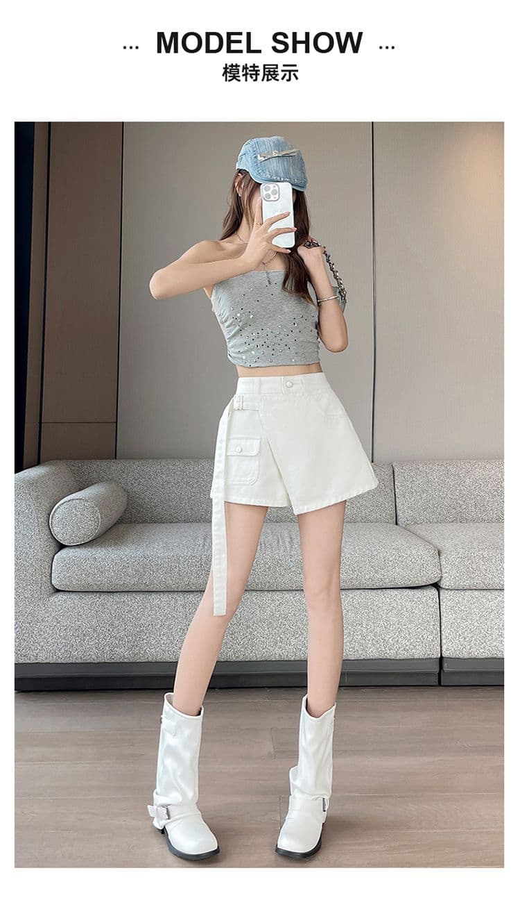 실사 화이트 데님 반신 치마바지 여성 인기 여름 새로운 페이크 레이어드 하이웨이스트 슬림해 보이는 한 마디 반바지 핫 바지 상세 이미지 13