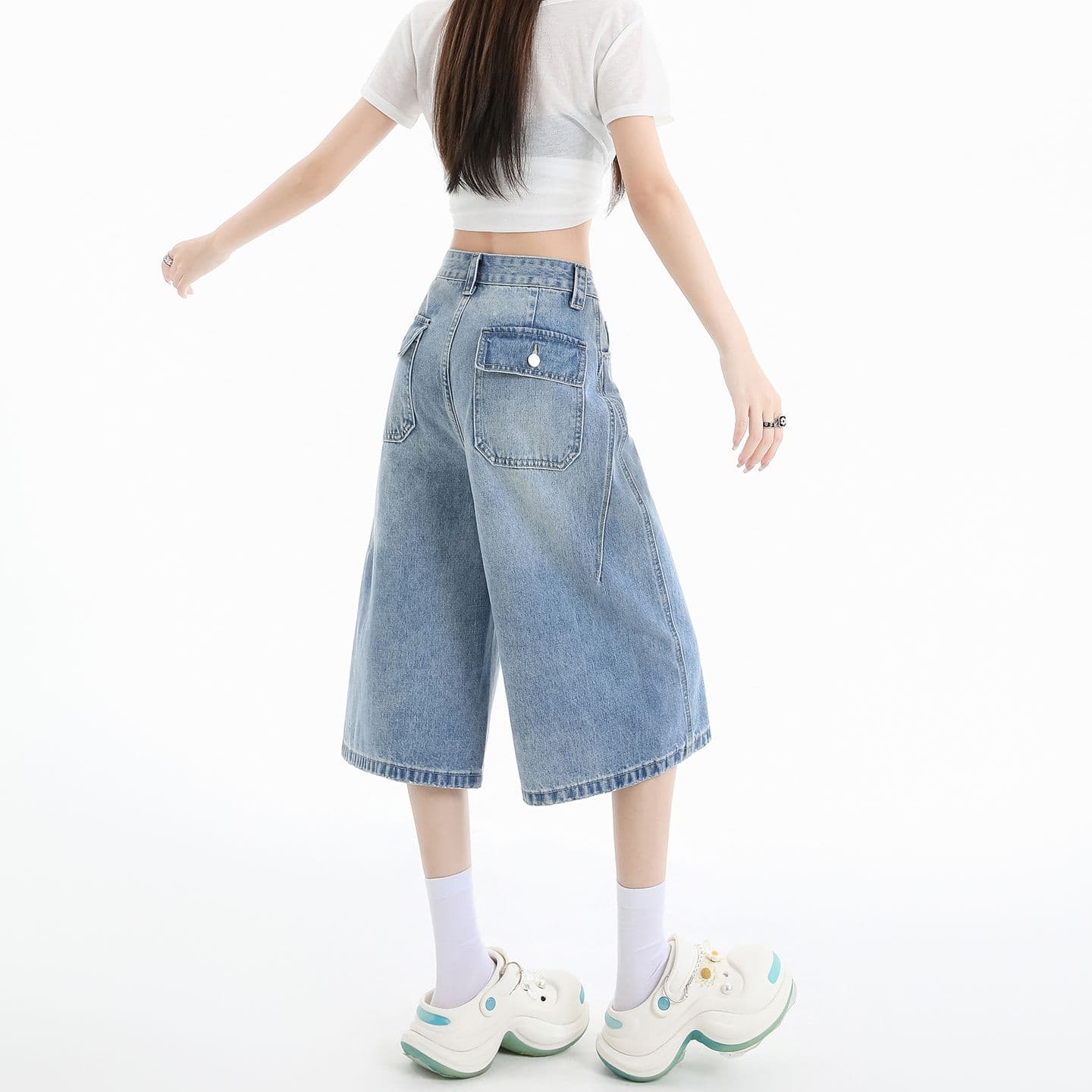 실사 청바지 여성 여름 개성 디자인 루즈핏 넓은 다리 높음 거리 작은 키 스트레이트 바지 여성 이미지 2
