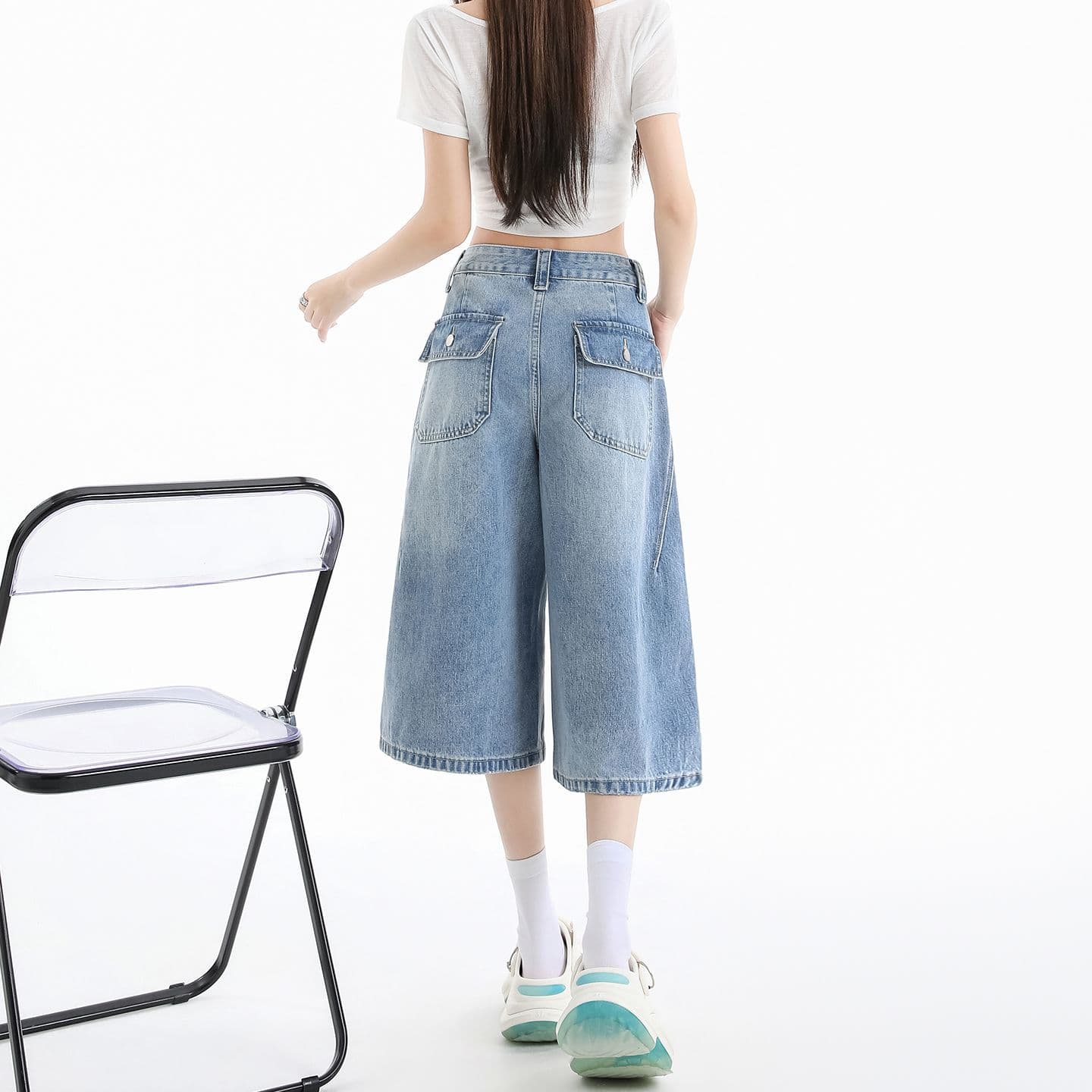 실사 청바지 여성 여름 개성 디자인 루즈핏 넓은 다리 높음 거리 작은 키 스트레이트 바지 여성