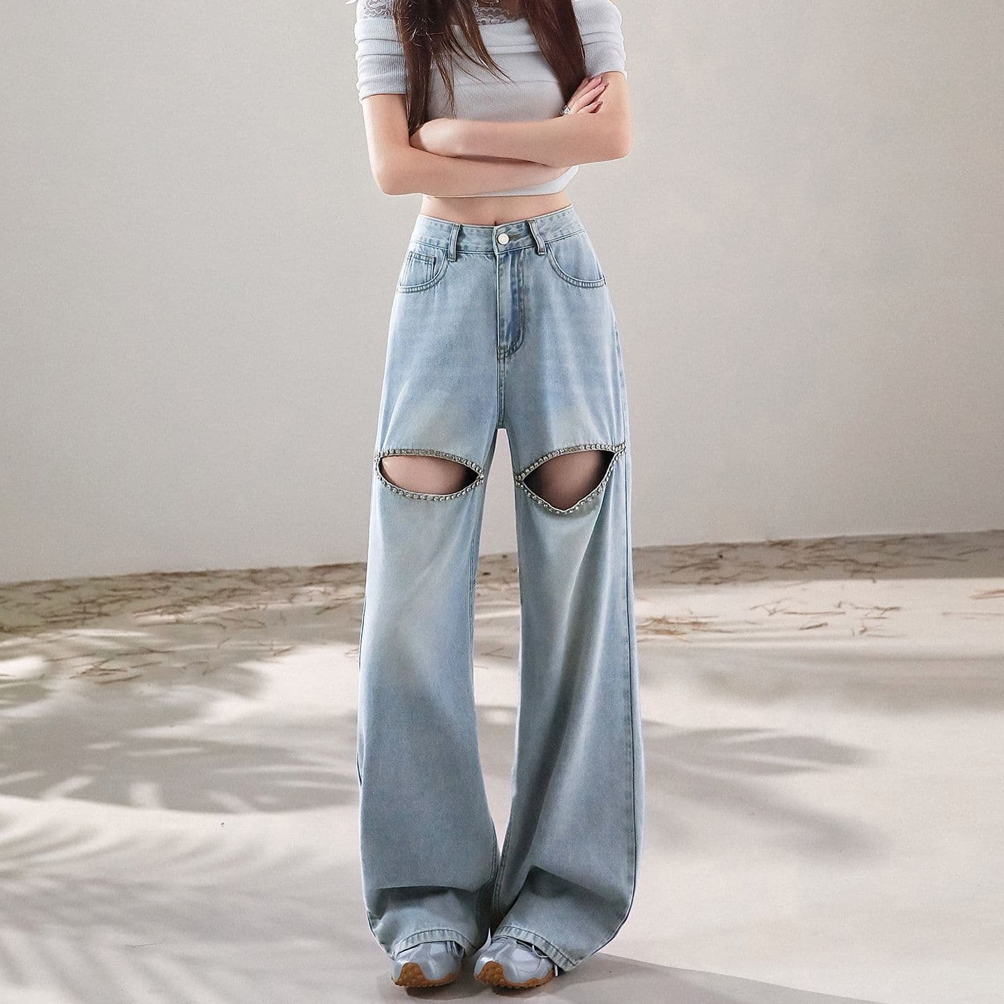 실사 여름 찢어진 부분 청바지 여성 mx 같은 단락 개성 다이아몬드 세팅 하이웨이스트 루즈핏 넓은 다리 스트레이트 바닥 청소 바지