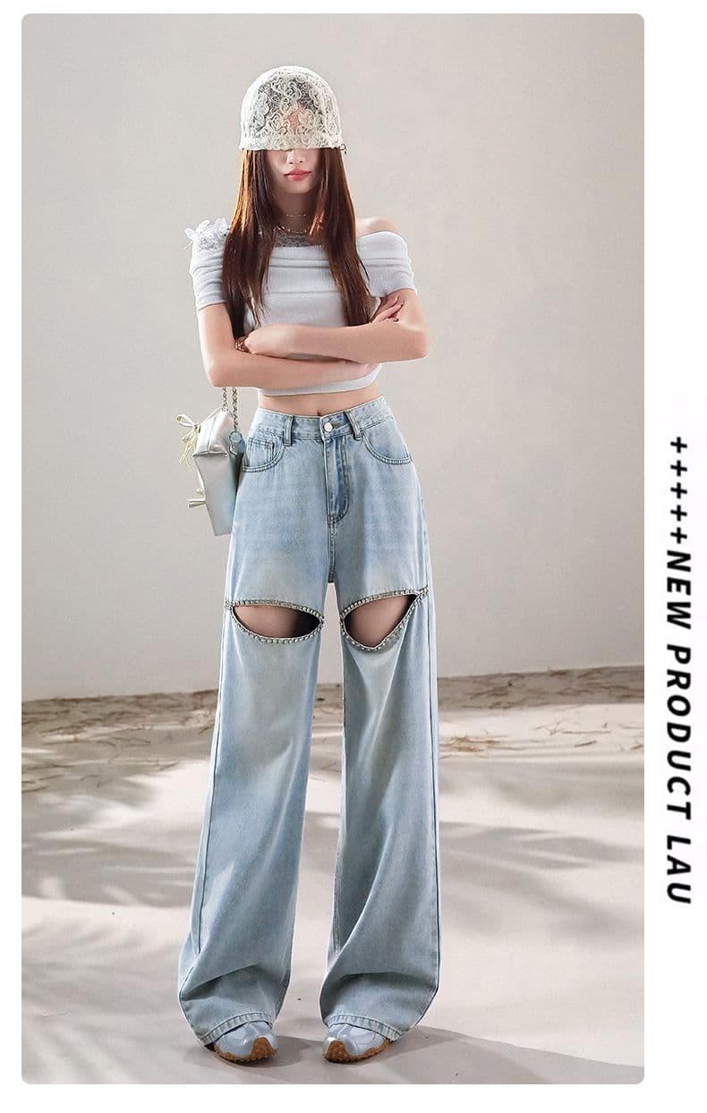 실사 여름 찢어진 부분 청바지 여성 mx 같은 단락 개성 다이아몬드 세팅 하이웨이스트 루즈핏 넓은 다리 스트레이트 바닥 청소 바지 상세 이미지 9