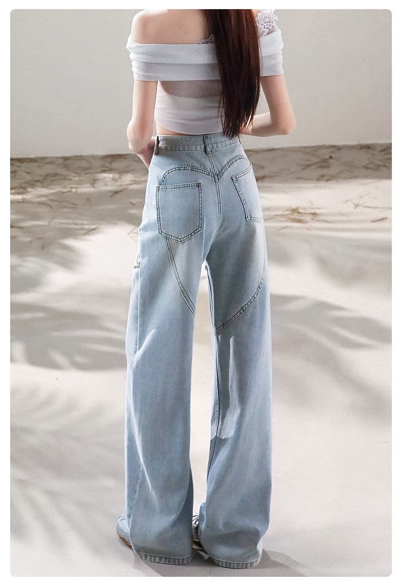실사 여름 찢어진 부분 청바지 여성 mx 같은 단락 개성 다이아몬드 세팅 하이웨이스트 루즈핏 넓은 다리 스트레이트 바닥 청소 바지 상세 이미지 12