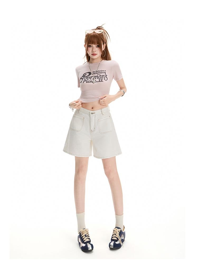 실사 하이웨이스트 데님 반바지 여성 루즈핏 디자인 센스 작은 대중 레트로 넓은 다리 한 마디 핫 바지 얇은 상세 이미지 23