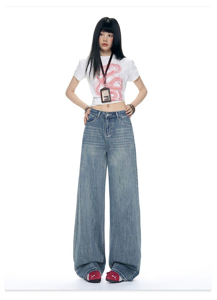 실사 레트로 블루 하이웨이스트 루즈핏 넓은 다리 청바지 새로운 슬림해 보이는 다용도 바닥 청소 스트레이트 팬츠 자수 주머니 상세 이미지 15