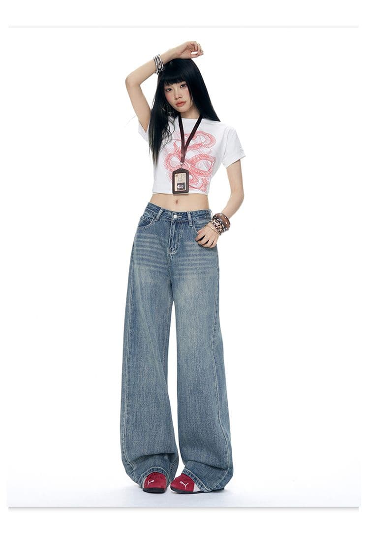실사 레트로 블루 하이웨이스트 루즈핏 넓은 다리 청바지 새로운 슬림해 보이는 다용도 바닥 청소 스트레이트 팬츠 자수 주머니 상세 이미지 19