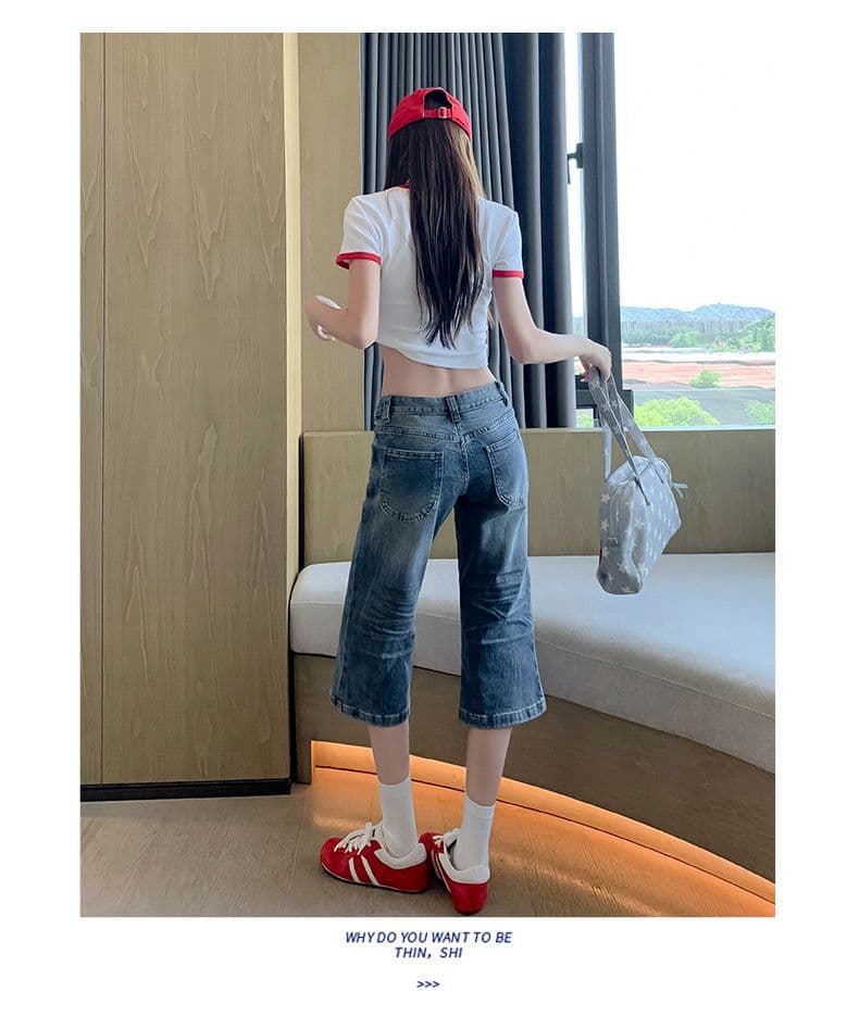 실사 아메리칸 레트로 핫걸 신축성 로우 웨이스트 청바지 새로운 다용도 스트레이트 부츠컷 7 점 바지 상세 이미지 10