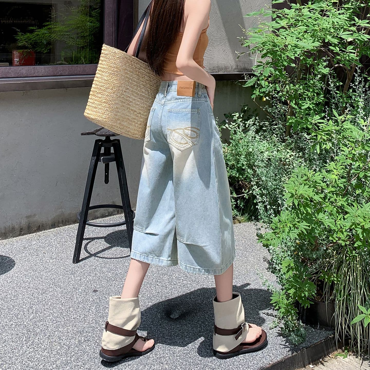 실사 아메리칸 루즈핏 데님 7부 바지 여름 개성 바지 루즈핏 넓은 다리 높음 거리 작은 키 바지 여성 이미지 2