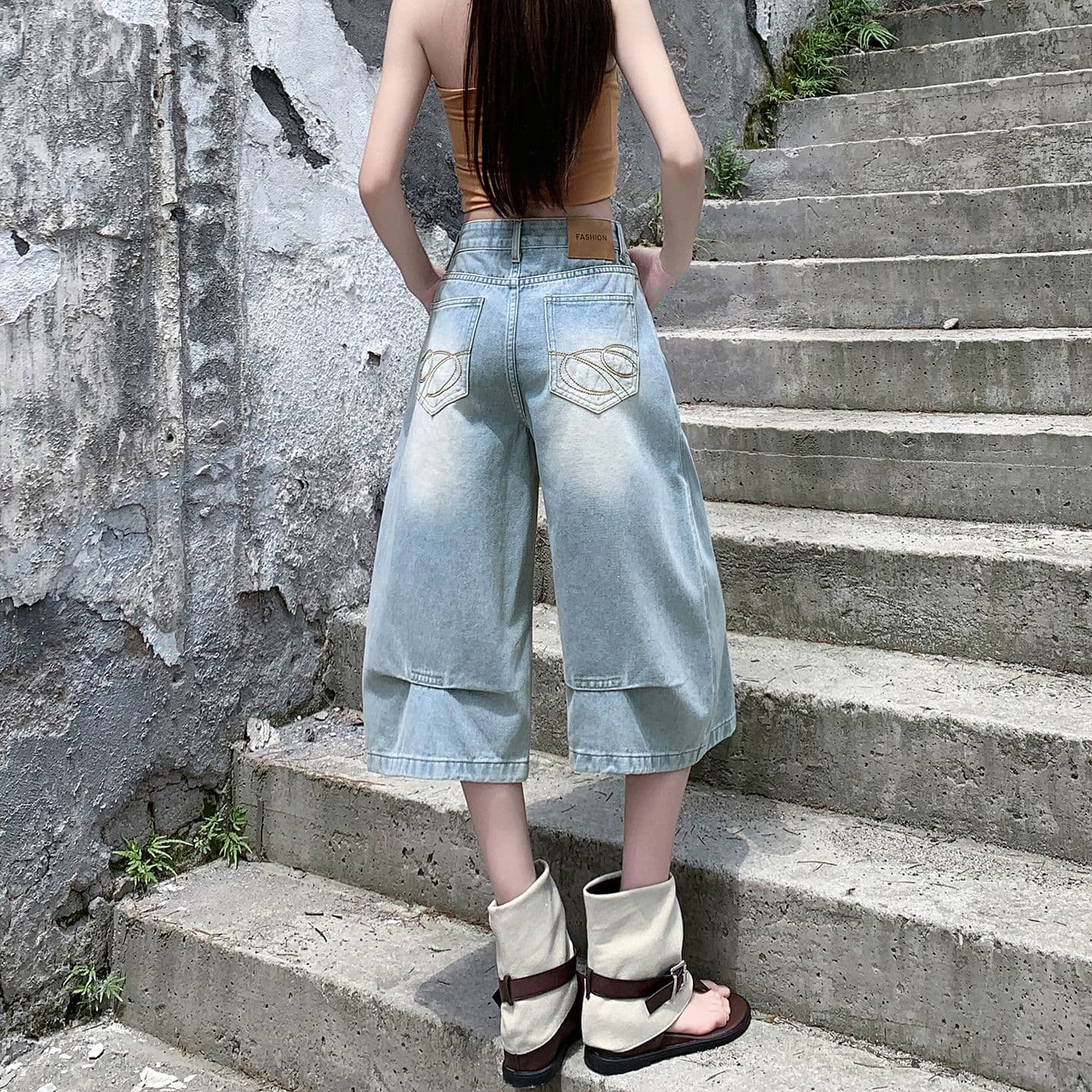실사 아메리칸 루즈핏 데님 7부 바지 여름 개성 바지 루즈핏 넓은 다리 높음 거리 작은 키 바지 여성