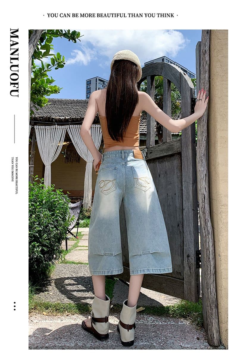 실사 아메리칸 루즈핏 데님 7부 바지 여름 개성 바지 루즈핏 넓은 다리 높음 거리 작은 키 바지 여성 상세 이미지 10