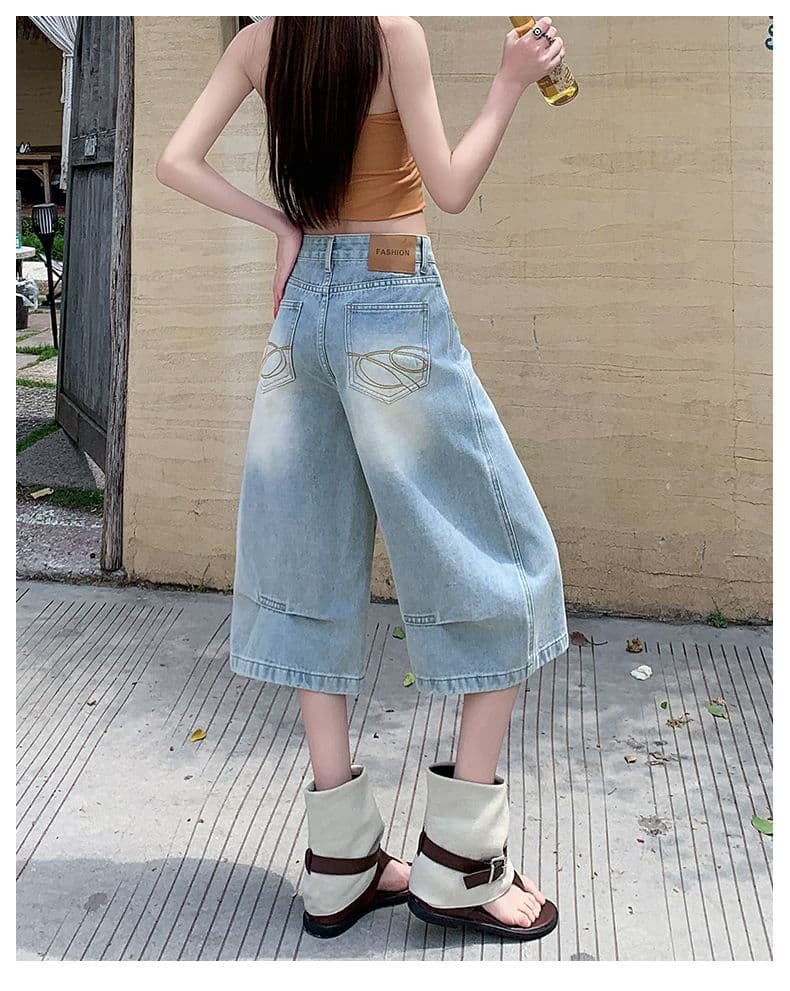 실사 아메리칸 루즈핏 데님 7부 바지 여름 개성 바지 루즈핏 넓은 다리 높음 거리 작은 키 바지 여성 상세 이미지 15
