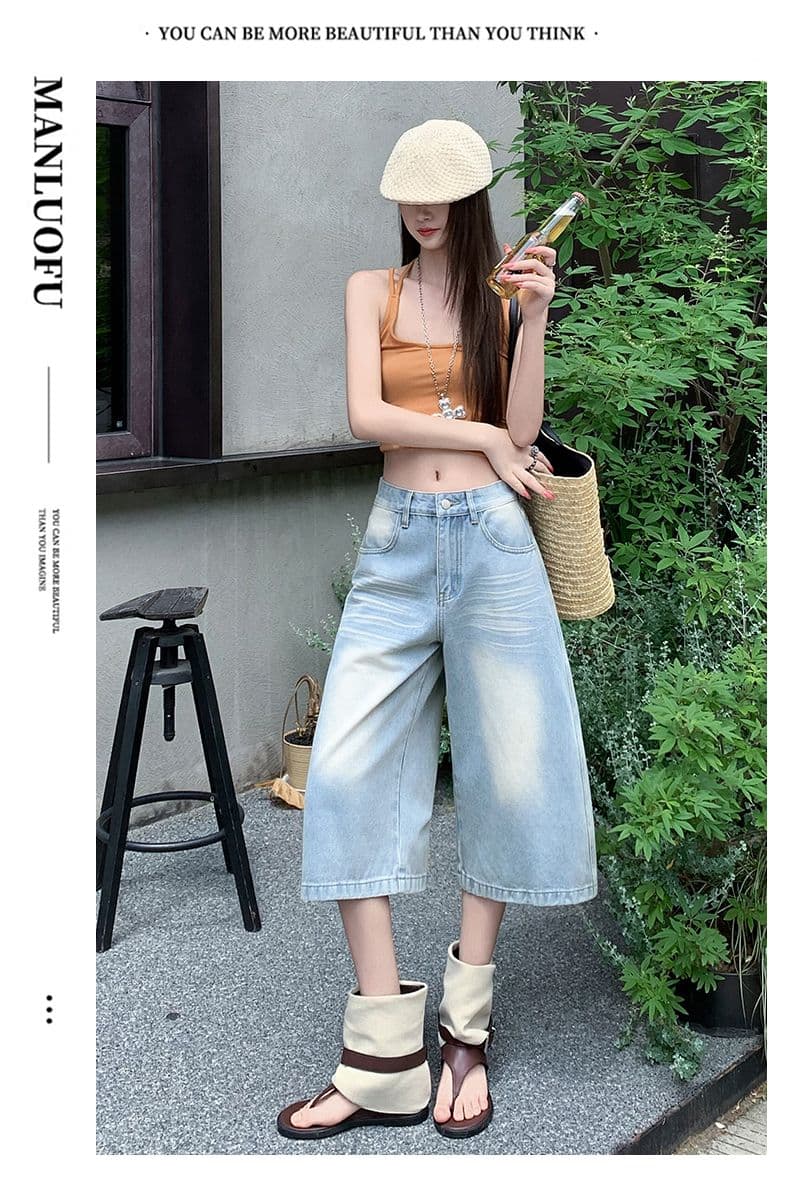 실사 아메리칸 루즈핏 데님 7부 바지 여름 개성 바지 루즈핏 넓은 다리 높음 거리 작은 키 바지 여성 상세 이미지 16