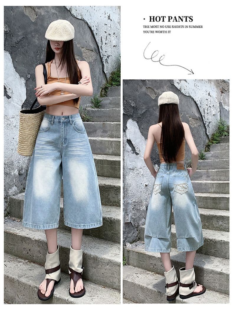 실사 아메리칸 루즈핏 데님 7부 바지 여름 개성 바지 루즈핏 넓은 다리 높음 거리 작은 키 바지 여성 상세 이미지 19