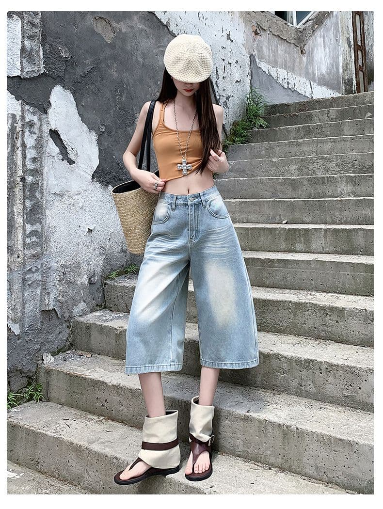 실사 아메리칸 루즈핏 데님 7부 바지 여름 개성 바지 루즈핏 넓은 다리 높음 거리 작은 키 바지 여성 상세 이미지 22