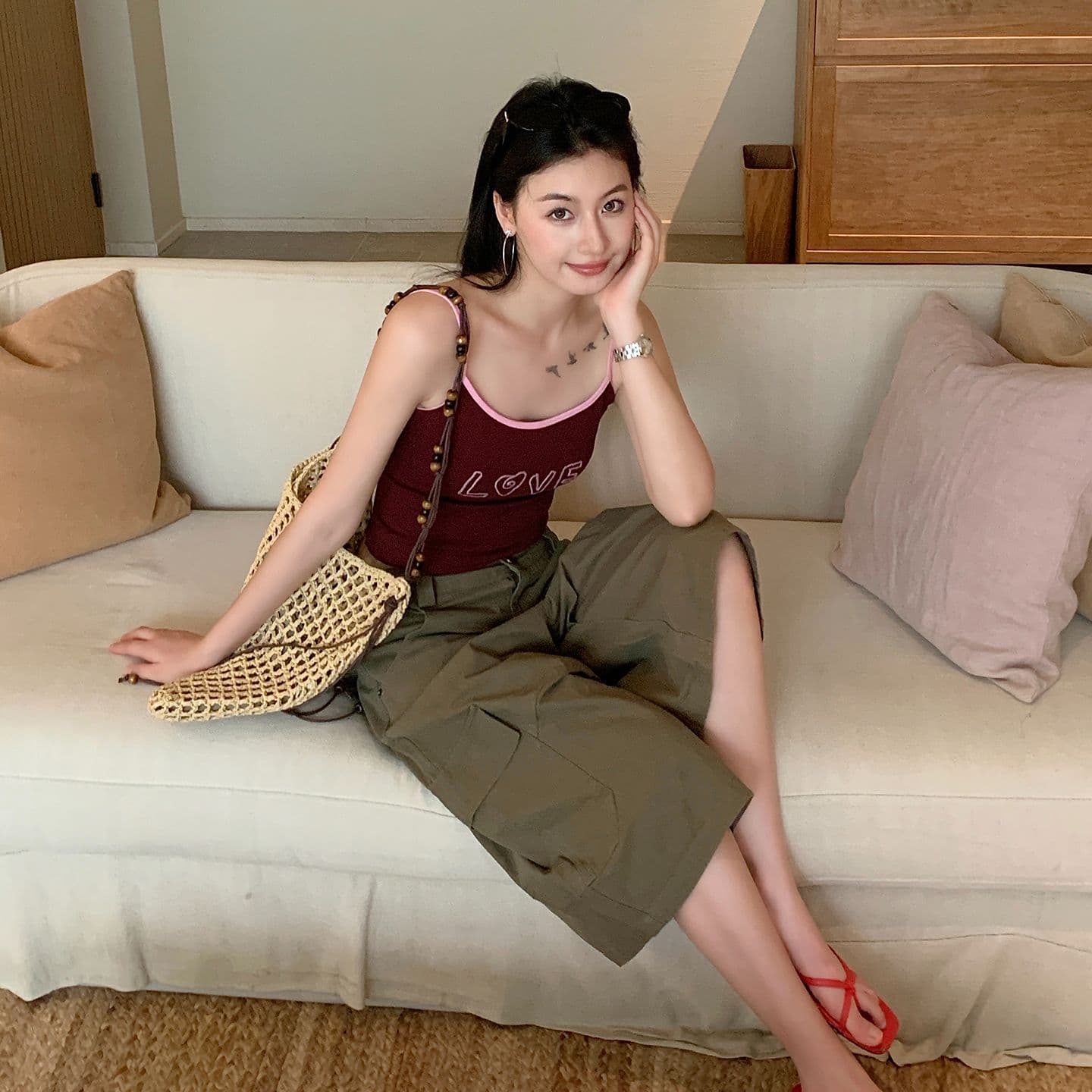 실사 여름 새로운 아메리칸 워싱 레이스업 펌프 로프 기타 주머니 워크웨어 7 점 캐주얼 바지 여성 이미지 5