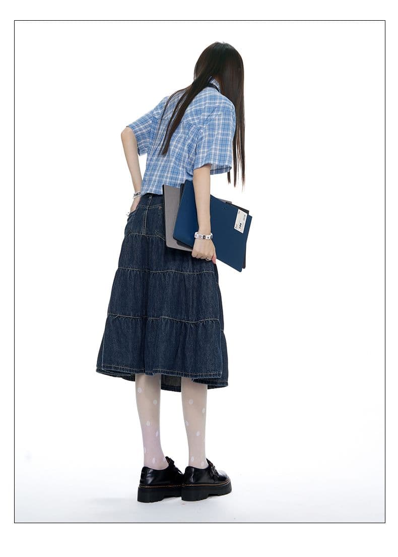 실사 여름 레트로 느슨함 센스 파란색 데님 반신 스커트 슬림해 보이는 표지 넓적 다리 A라인 스커트 상세 이미지 21