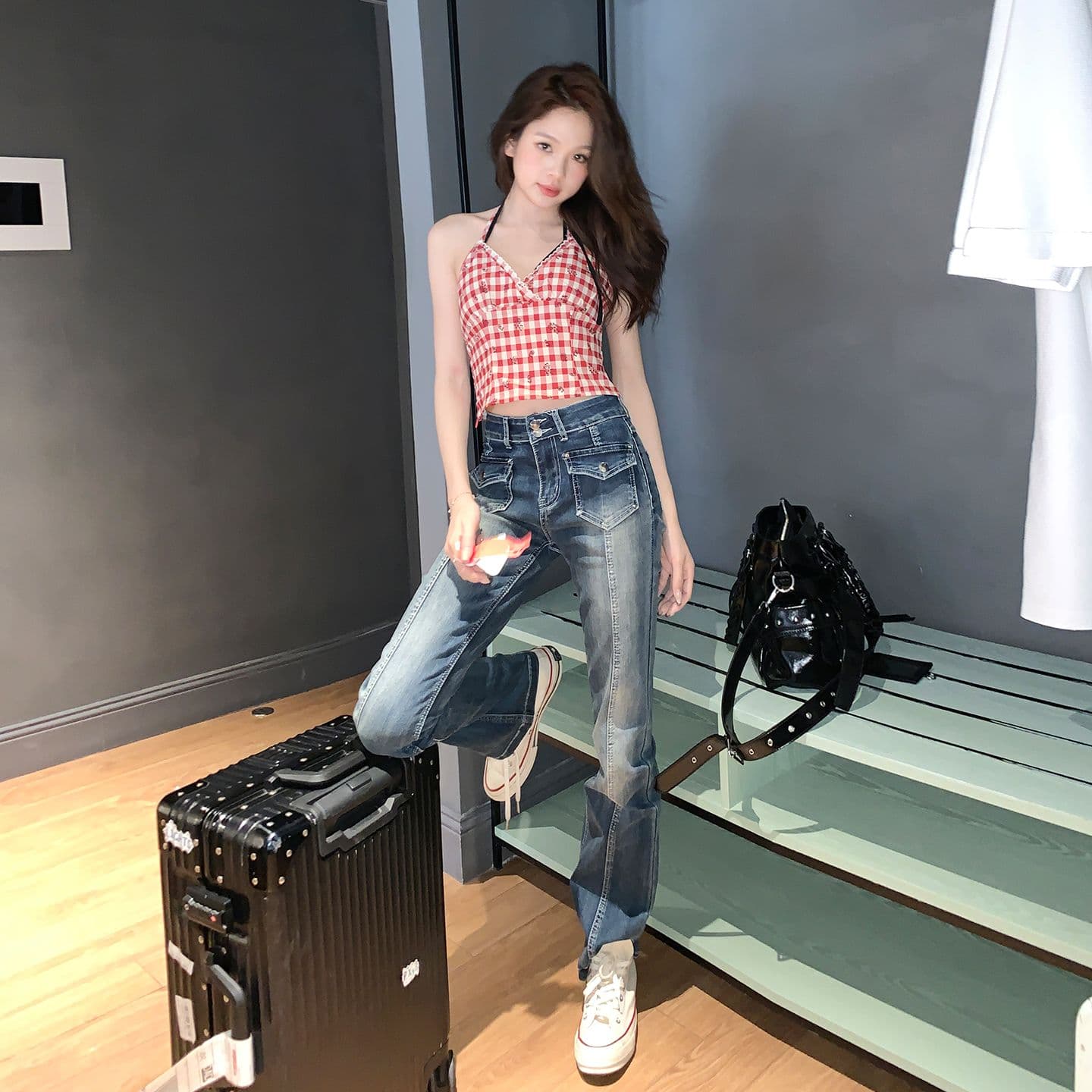 실사 길다 다리 한 여성 더블 이전 가방 레트로 수정 다리 종류 부츠컷 신축성 데님 일반 길이 연장 이미지 3