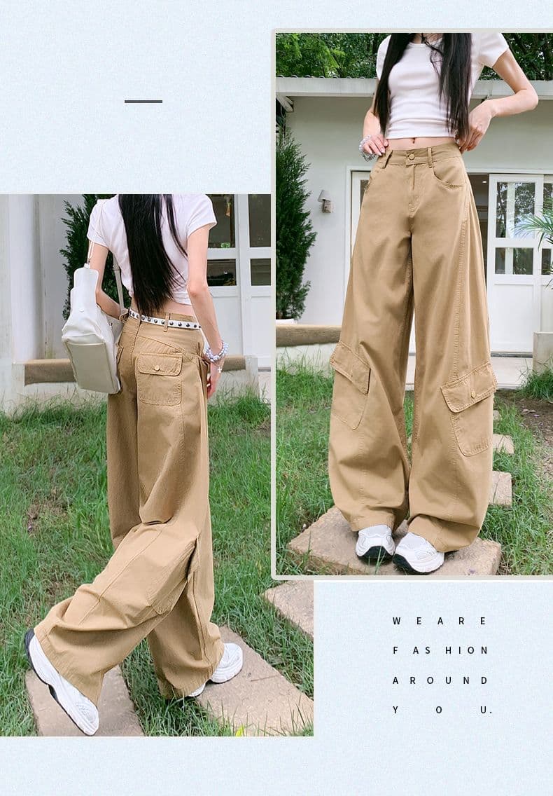 실사 디자인 센스 아메리칸 레트로 핫걸 모통이 칼 바지 다용도 슬림해 보이는 기타 주머니 넓은 다리 워크웨어 캐주얼 바지 상세 이미지 3