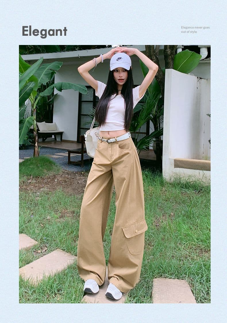 실사 디자인 센스 아메리칸 레트로 핫걸 모통이 칼 바지 다용도 슬림해 보이는 기타 주머니 넓은 다리 워크웨어 캐주얼 바지 상세 이미지 14
