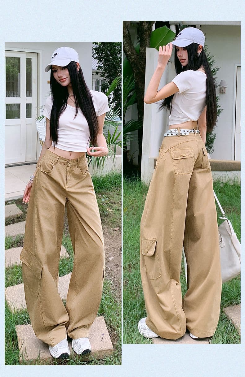 실사 디자인 센스 아메리칸 레트로 핫걸 모통이 칼 바지 다용도 슬림해 보이는 기타 주머니 넓은 다리 워크웨어 캐주얼 바지 상세 이미지 15