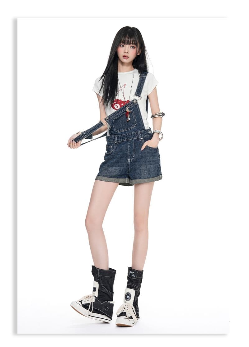 실사 아메리칸 레트로 외국 가스 연령 감소 뒤집다 측면 데님 멜빵 반바지 여성 상세 이미지 15
