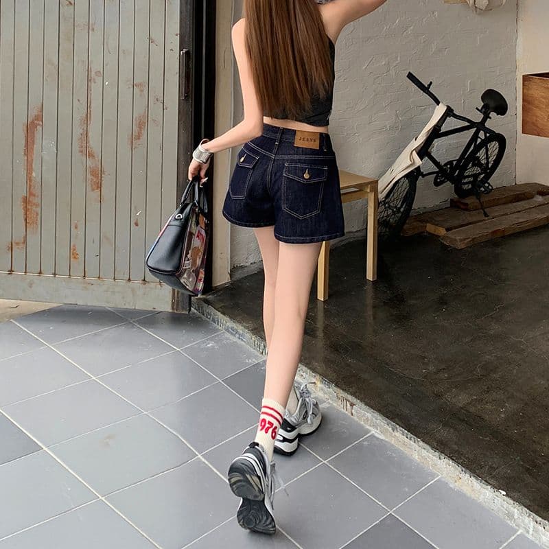 실사 진한 파란색 하이웨이스트 데님 반바지 여성 여름 새로운 한 마디 작은 키 루즈핏 넓은 다리 뜨거운 바지 이미지 5