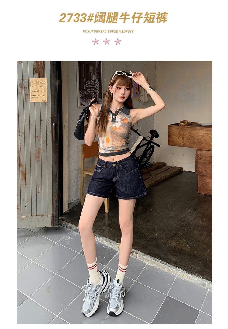 실사 진한 파란색 하이웨이스트 데님 반바지 여성 여름 새로운 한 마디 작은 키 루즈핏 넓은 다리 뜨거운 바지 상세 이미지 2