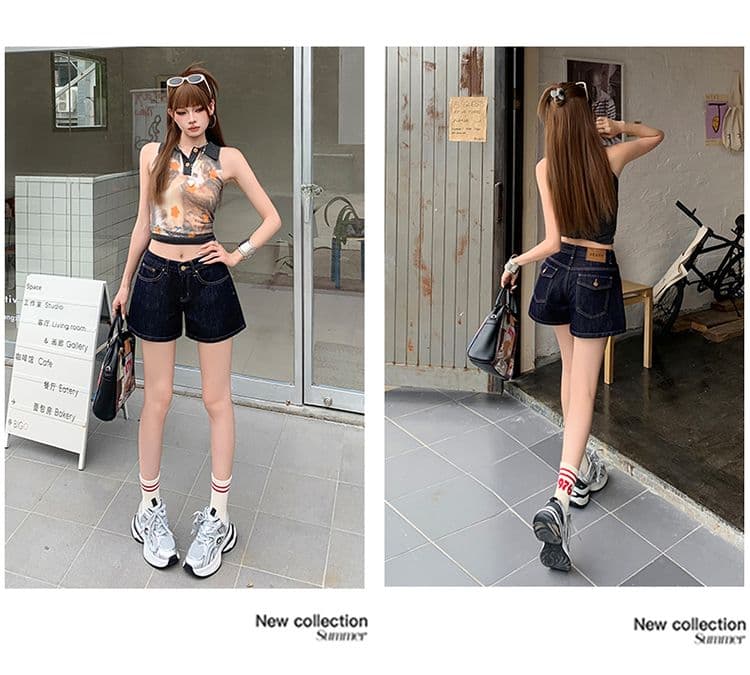 실사 진한 파란색 하이웨이스트 데님 반바지 여성 여름 새로운 한 마디 작은 키 루즈핏 넓은 다리 뜨거운 바지 상세 이미지 3