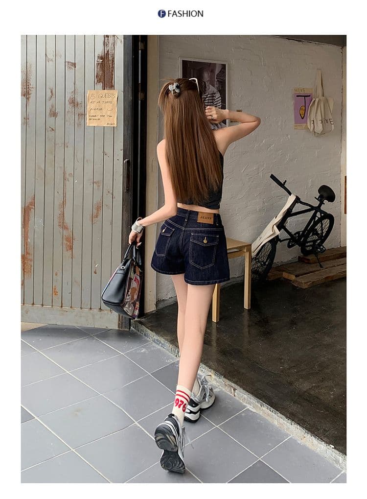 실사 진한 파란색 하이웨이스트 데님 반바지 여성 여름 새로운 한 마디 작은 키 루즈핏 넓은 다리 뜨거운 바지 상세 이미지 12