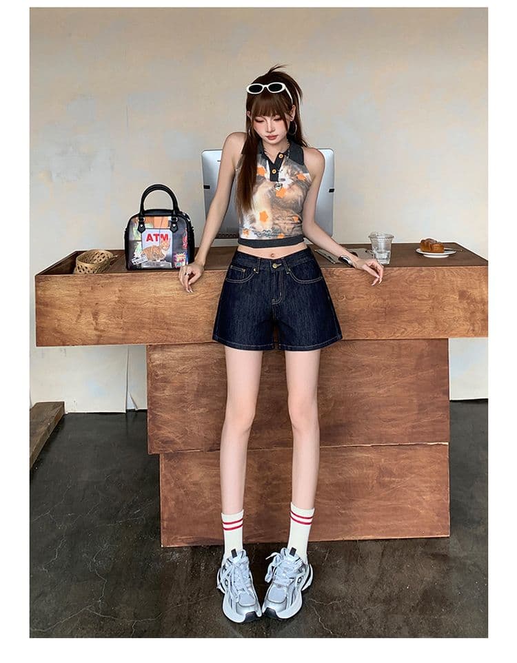 실사 진한 파란색 하이웨이스트 데님 반바지 여성 여름 새로운 한 마디 작은 키 루즈핏 넓은 다리 뜨거운 바지 상세 이미지 14