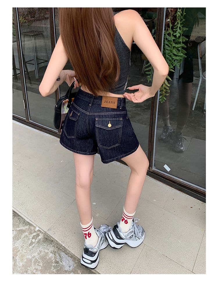 실사 진한 파란색 하이웨이스트 데님 반바지 여성 여름 새로운 한 마디 작은 키 루즈핏 넓은 다리 뜨거운 바지 상세 이미지 18